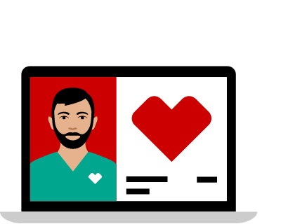 pictogram of split laptop screen dr in green shirt on the left and report with heart on the right