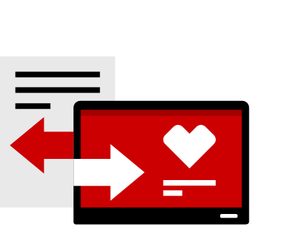 pictogram of report and computer screen with arrows pointing to each other