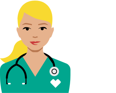 pictogram of blonde nurse wearing green shirt with stethoscope around her neck