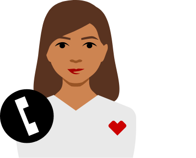 pictogram of brown-haired woman with a phone icon next to her shoulder