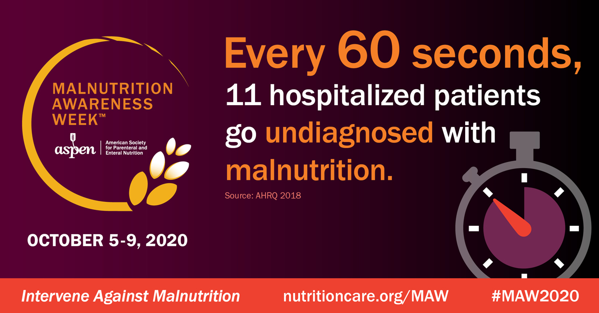 Malnutrition Awareness Week, October 5 through 9, 2020: Every 60 seconds, 11 hospitalized patients go undiagnosed with malnutrition. Source: AHRZ 2018. Intervene against malnutrition. #MAW2020