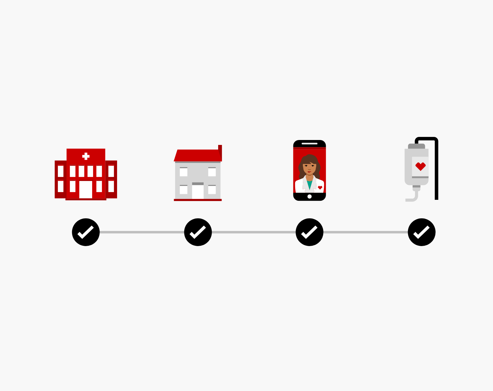 icons in timeline layout with checkmarks; icons include hospital, house, phone, iv