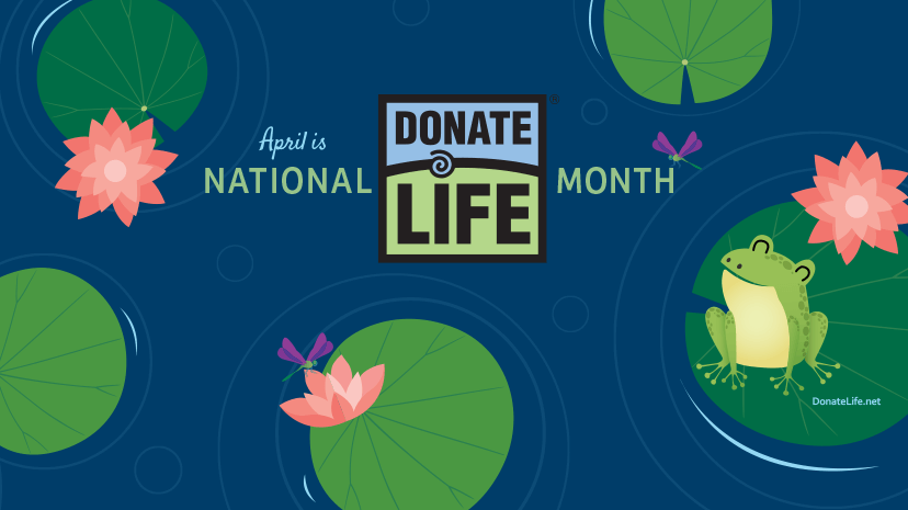 Donate Life logo in the middle of a blue pond with lily pads and frog